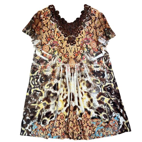 Energe Tunic 2X Multi Paisley Flutter Sleeve V Neck Back Lace Studded Boho Arty - Picture 2 of 12